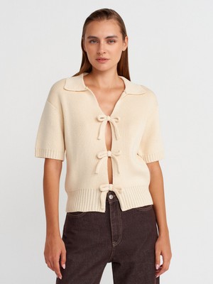 10809 Polo Yaka Fiyonklu Triko Kazak-Ekru