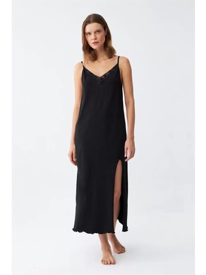 Moda Kadın Ip Askılı Uzun Gecelik Siyah