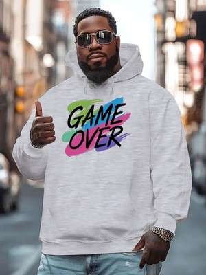 Erkek Game Over Oyun Bitti Baskılı Kapşonlu Oversize Salaş Kırmızı Siyah Sweatshirt