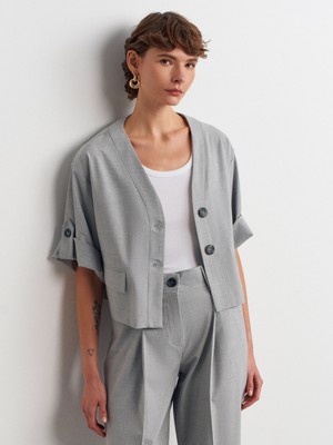 50519 Kıvrılmış Kollu Ceket Gömlek-Açık Gri