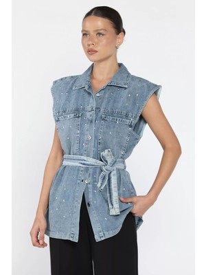 Kadın Zımba Detaylı Bel Kuşaklı Çift Cepli Jean Kot Yelek P-00018108