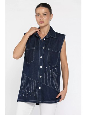 Kadın Çift Cepli Taş Işlemeli Jean Kot Yelek P-00018102