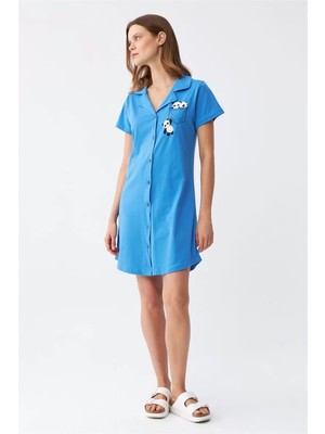 Moda Kadın Pamuk Penye Kısa Kol Düğmeli Mavi Tunik Gecelik