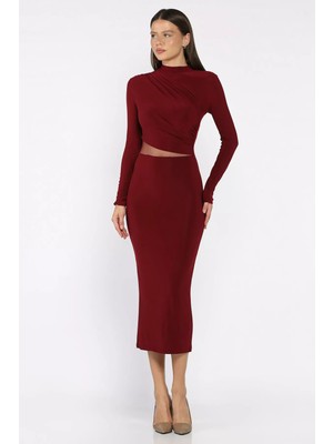 Kadın Omuz ve Bel Drapeli Tül Detaylı Likralı Elbise P-00018078