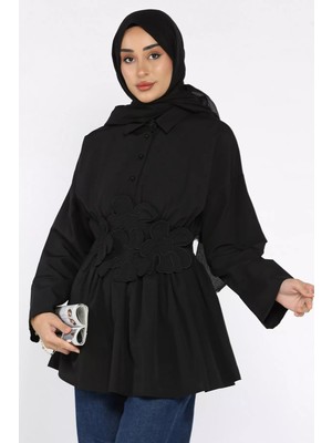 Gömlek Yaka Papatya Aplikeli Bel Lastikli Tesettür Tunik P-00017985