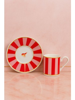 2 Kişilik Porselen Yaldızlı Lovely Birds Özel Tasarım Pembe Kuşlu Kahve Fincan Takımı Seti 100ML