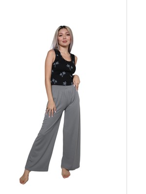 Moda Kadın Kalın Askılı Body Bol Paça Pantolon 2`li Takım Siyah