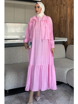 Etek Ucu Fırfırlı Bel Lastikli Hırka Kombinli Tesettür Elbise P-00015623