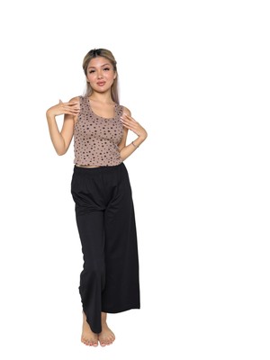 Moda Kadın Kalın Askılı Body Bol Paça Pantolon 2`li Takım Kahve