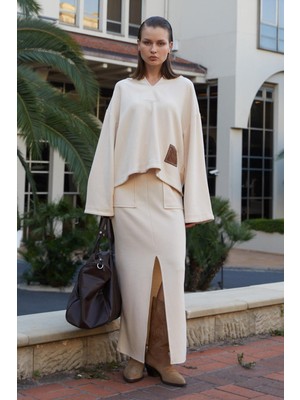 Kadın Tereyağ V Yaka Kapşonlu Yırtmaçlı Etek Selanik Takım