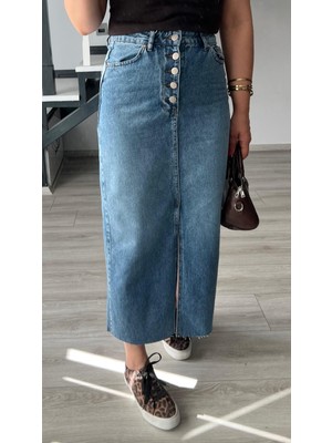 Koyu Mavi Osl2 5 Düğme Yırtmaçlı Denim Etek