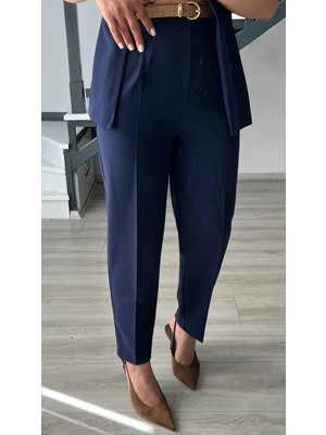 Lacivert Kemerli Duble Crep Pantolon