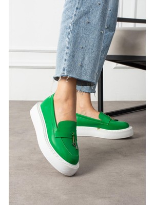 Shoetek   Aylisa Kadın Makosen Ayakkabı Püsküllü Yeşil Deri