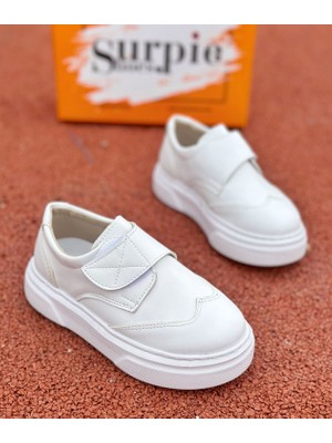 Surpie Shoes Erkek Çocuk Klasik Ayakkabı Kalın Taban Desteği ile Cırtlı Bağlama Beyaz