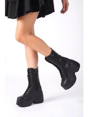 Kadın Riva Siyah Cilt Yandan Fermuarlı Bağcıklı Yüksek Dolgu Topuklu Uzun Bot Bootie