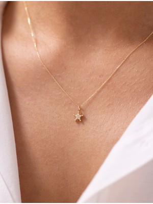 Taş Detaylı Yıldız Simgeli 14 Ayar Altın Kolye