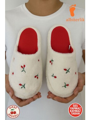 Albishoes Kiraz Nakışlı Pofuduk Ev Terliği Çeyizlik Terlik Kaymaz Taban Hafif Yumuşak Taban