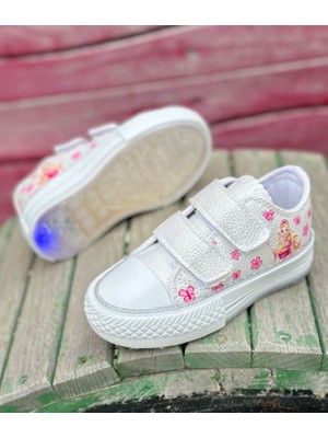 Surpie Shoes Kız Çocuk Işıklı Günlük Ayakkabı Cırtlı Bağlama Düz Taban Beyaz Renk