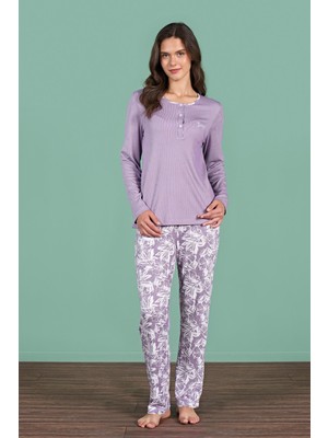 Kadın Mor Renk Uzun Kollu Düğmeli Pijama Takımı C9T6N91
