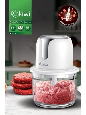 Kiwi KC-8221 Kablosuz Şarjlı Gıda Doğrayıcı 1.2 L Gümüş 3 Bıçaklı Cam Hazne ile Kolay Kullanım ve Temizlik