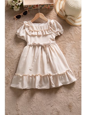 Bej Fırfır Detaylı Kuşaklı Kız Çocuk Kısa Kol Elbise 22686