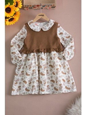 Kahve Kirpi Desenli Süveterli Kız Çocuk Elbise 20221