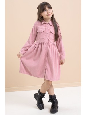 Gülkurusu Kız Çocuk Cep Detaylı Kadife Desenli Elbise 21549