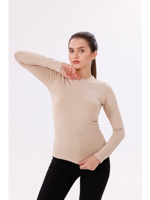 Kadın Ekru Uzun Kol Body - Bisiklet Yaka