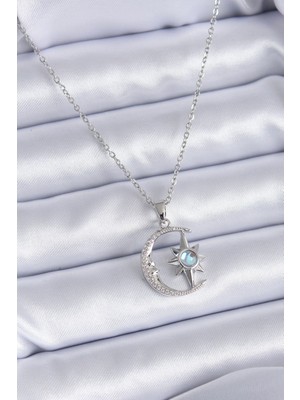 Vice Avm 316L Çelik Gümüş Renk Zirkon Taşlı Ay Yıldız Model Kadın Kolye