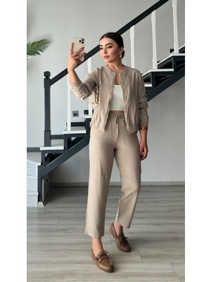 Taş Fermuarlı Ceket-Pantolon Tensl Kumaş Takım
