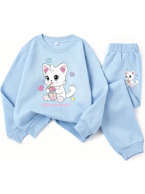 Kıds Özel Tasarım Üç Kalp Kedicik Baskılı %100 Pamuk Kışlık Kız Çocuk Eşofman Takımı