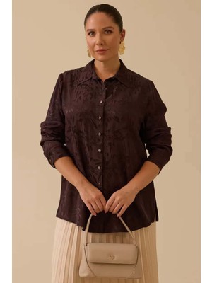 Kadın Büyük Beden Çiçek Desenli Jakar Gömlek - Kahverengi