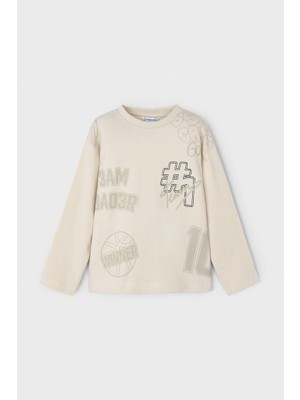 Erkek Çocuk Basketbol Temalı Grafik Baskılı Uzun Kollu T-Shirt - Bej