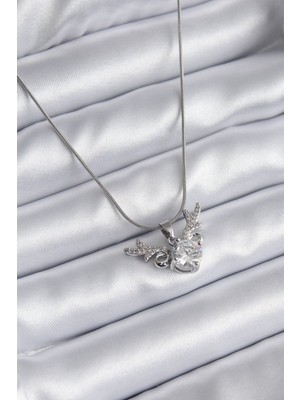 Vice Avm 316L Çelik Gümüş Renk Zirkon Taşlı Boynuz Model Kadın Kolye