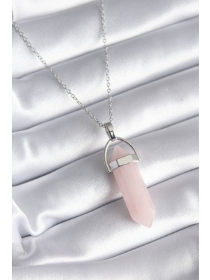 Vice Avm 316L Çelik Gümüş Renk Pembe Taşlı Kadın Kolye