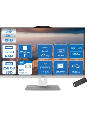 Msı Modern AM272P Intel Core I7 1255U 4.70 Ghz 16GB 256GB SSD Intel Iris Xe Graphics Windows 11 Pro 27 Inç FULLHD(1920×1080) Beyaz All In One Bilgisayar 12M1251XTRP06 + Zetta Flash Bellek