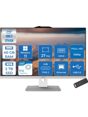 Msı Modern AM272P Intel Core I7 1255U 4.70 Ghz 40GB 2tb SSD Intel Iris Xe Graphics Windows 11 Pro 27 Inç FULLHD(1920×1080) Beyaz All In One Bilgisayar 12M1251XTRP24 + Zetta Flash Bellek
