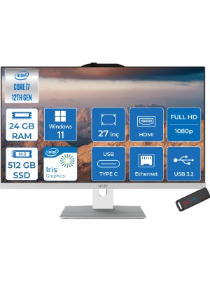 Msı Modern AM272P Intel Core I7 1255U 4.70 Ghz 24GB 512GB SSD Intel Iris Xe Graphics Windows 11 Home 27 Inç FULLHD(1920×1080) Beyaz All In One Bilgisayar 12M1251XTRH12 + Zetta Flash Bellek