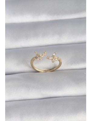 Pirinç Gold Renk Zirkon Taşlı Kelebek Model Kadın Yüzük