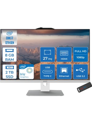 Msı Modern AM272P Intel Core I7 1255U 4.70 Ghz 8gb 2tb SSD Intel Iris Xe Graphics Freedos 27 Inç FULLHD(1920×1080) Beyaz All In One Bilgisayar 12M1251XTRF04 + Zetta Flash Bellek