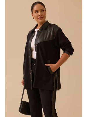 Kadın Büyük Beden Fitilli Cepli Gömlek - Siyah