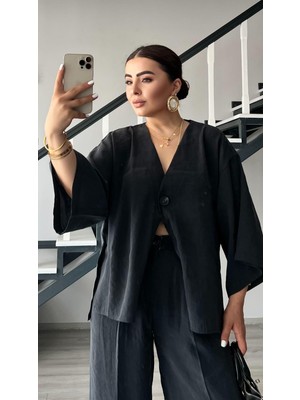 Siyah Tnsel Tek Düğme Bluz-Pantolon Takım