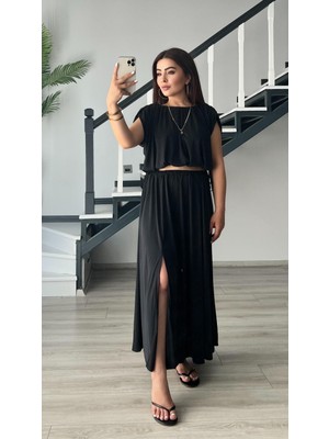 Siyah Modal Büzgülü Bluz-Etek Takım