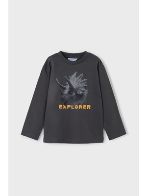 Erkek Çocuk Dinozor Baskılı Uzun Kollu T-Shirt - Antrasit
