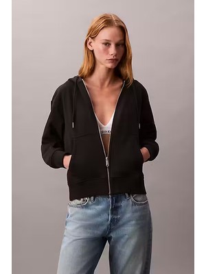 Kadın Regular Fit Fermuarlı Kapüşonlu Sweatshirt - Siyah