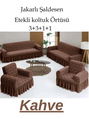 StarMall Jakarlı Şal Desen Koltuk, Kanepe, Çekyat Örtüsü, Likralı, Etekli, Koltuk Kılıfı 3+3+1+1 Takım
