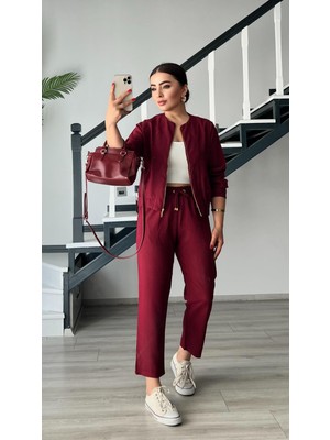 Bordo Fermuarlı Ceket-Pantolon Tensl Kumaş Takım