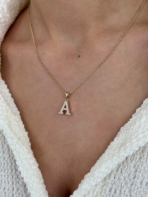 Taşlı A Harf 14 Ayar Altın Kolye