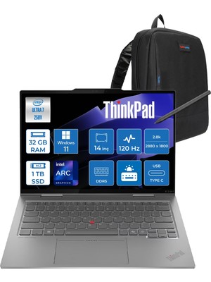 Lenovo Thinkpad X1 2-In-1 GEN10 Aura Edition Intel Core Ultra 7 258V 32GB 1tb SSD Windows 11 Pro 4g(Esım) 14'' 2.8k (2880X1800) OLED 500NITS Dokunmatik X21NU0023TX03+ Yoga Kalem + Zetta Çanta