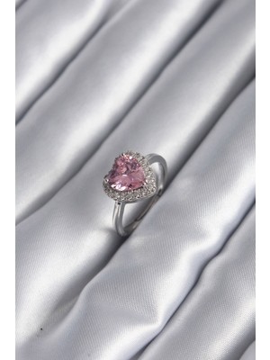 Pirinç Gümüş Renk Pembe Zirkon Taş Kalp Charm Model Kadın Yüzük